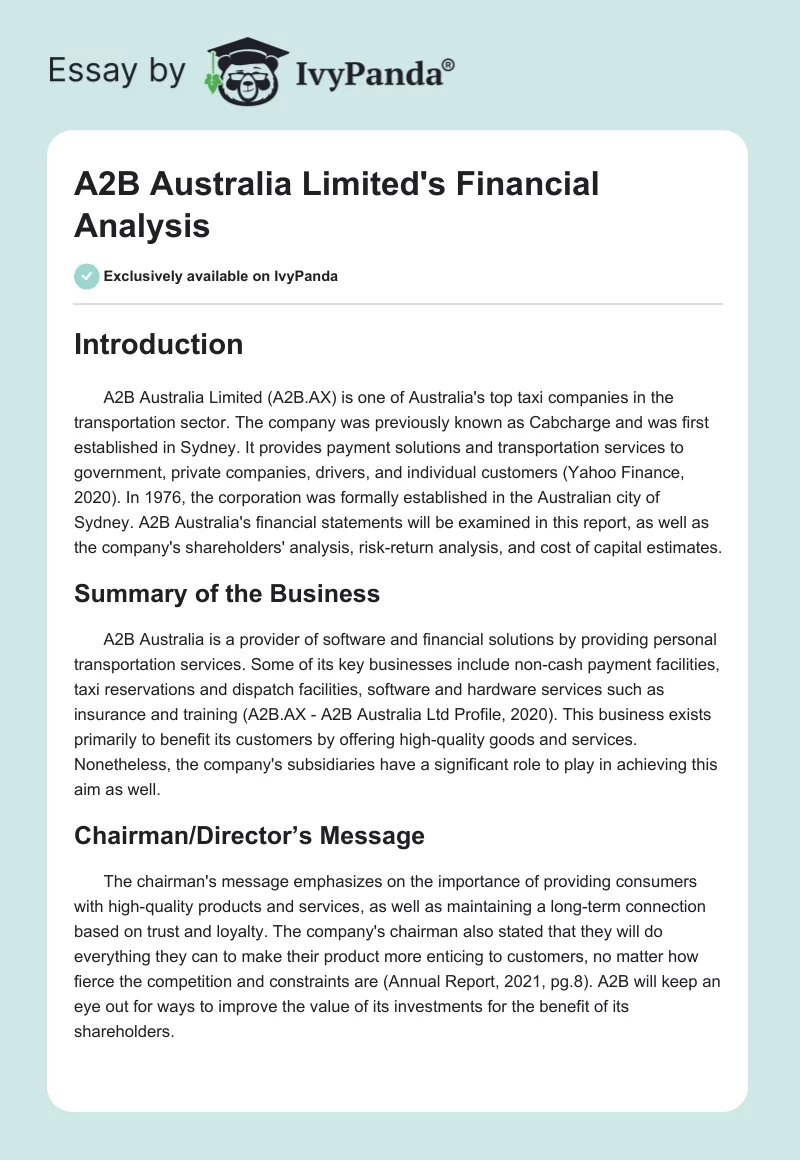 A2B Australia Limited's Financial Analysis. Page 1