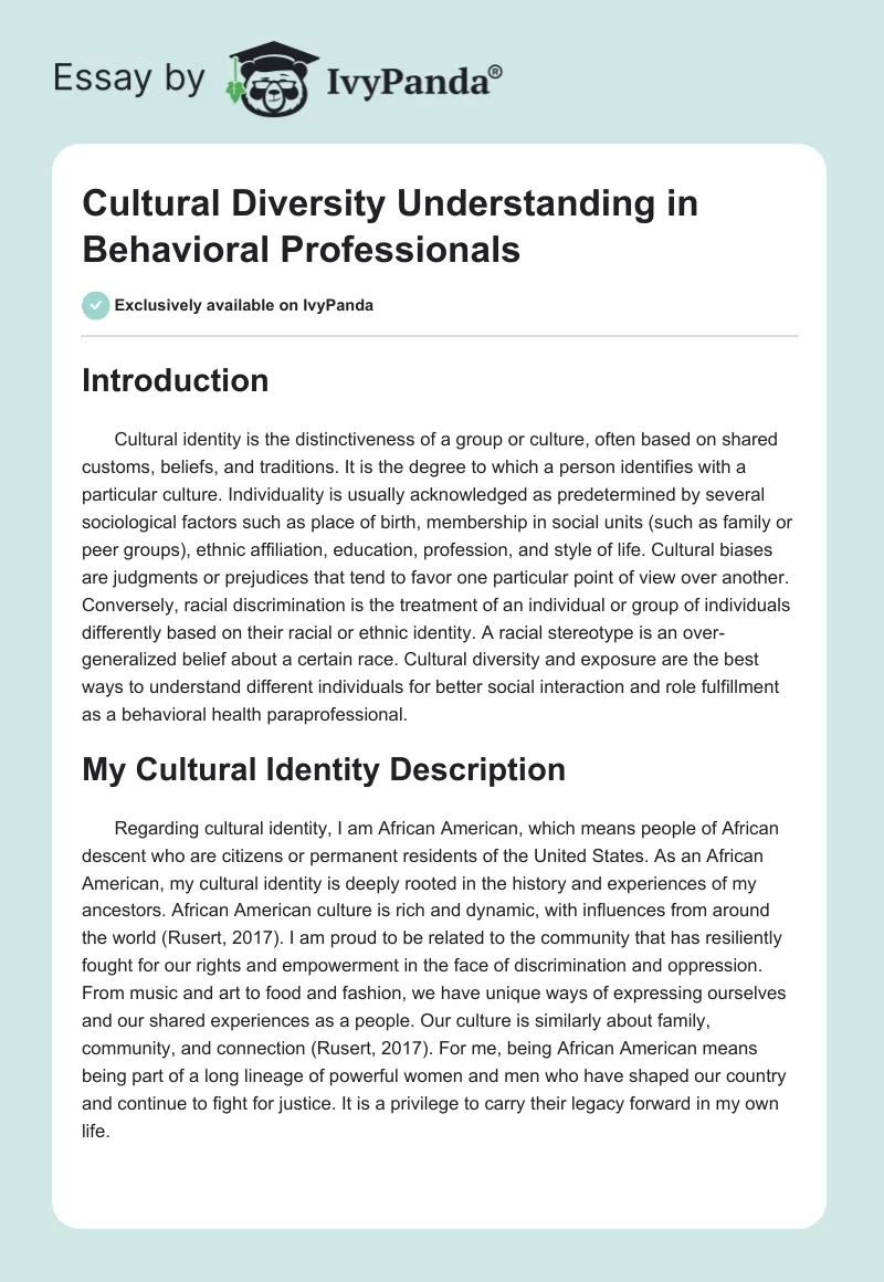 Cultural Diversity Understanding in Behavioral Professionals. Page 1