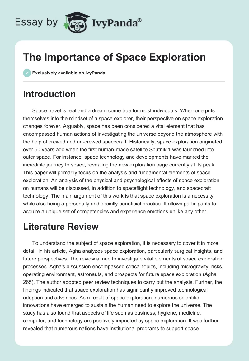 The Importance of Space Exploration. Page 1
