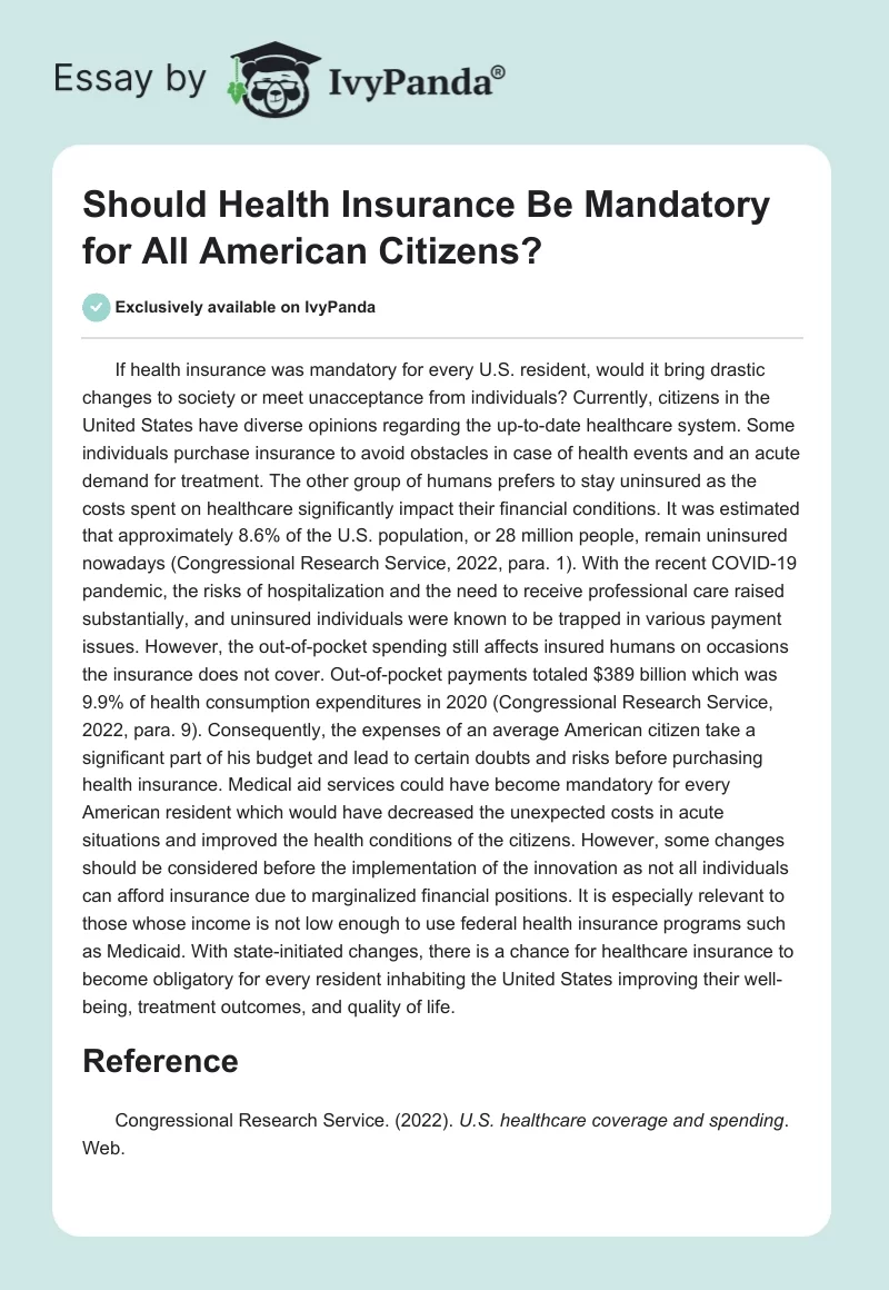 Should Health Insurance Be Mandatory for All American Citizens?. Page 1