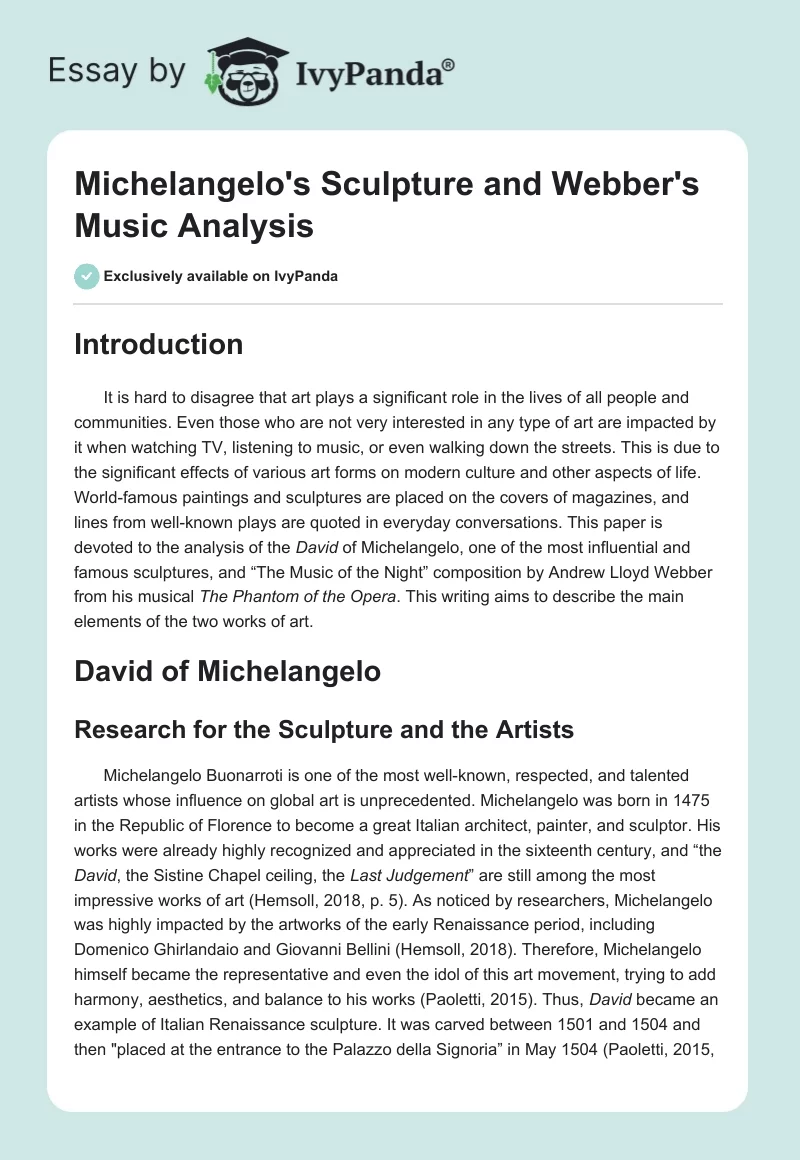 Michelangelo's Sculpture and Webber's Music Analysis. Page 1