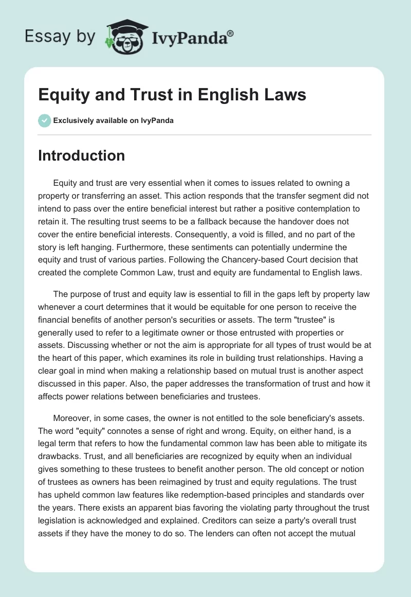 Equity and Trust in English Laws. Page 1