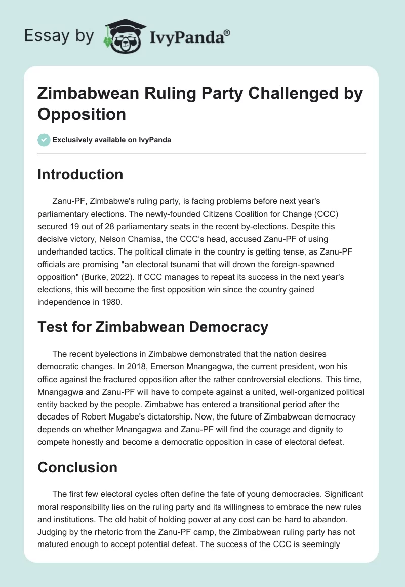 Zimbabwean Ruling Party Challenged by Opposition. Page 1
