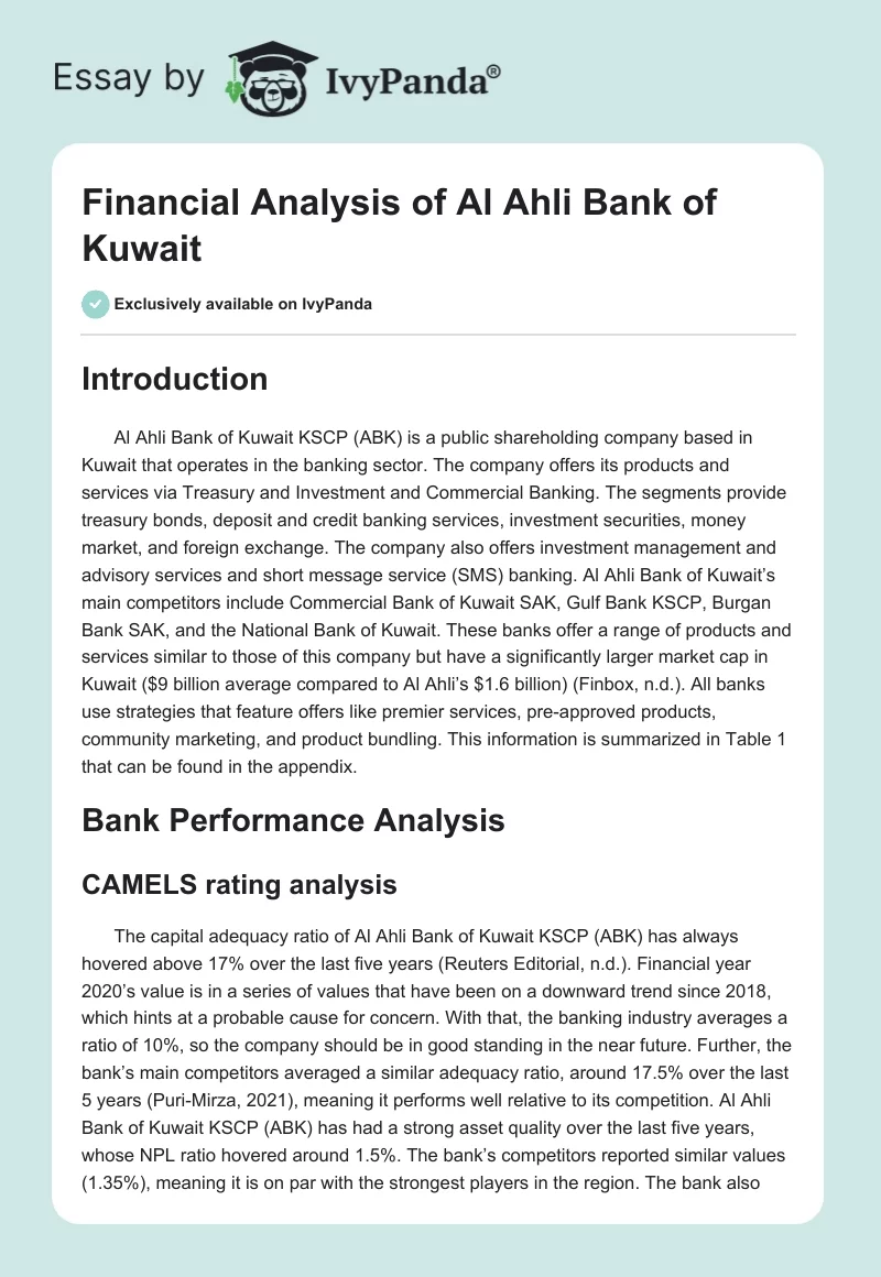 Financial Analysis of Al Ahli Bank of Kuwait. Page 1