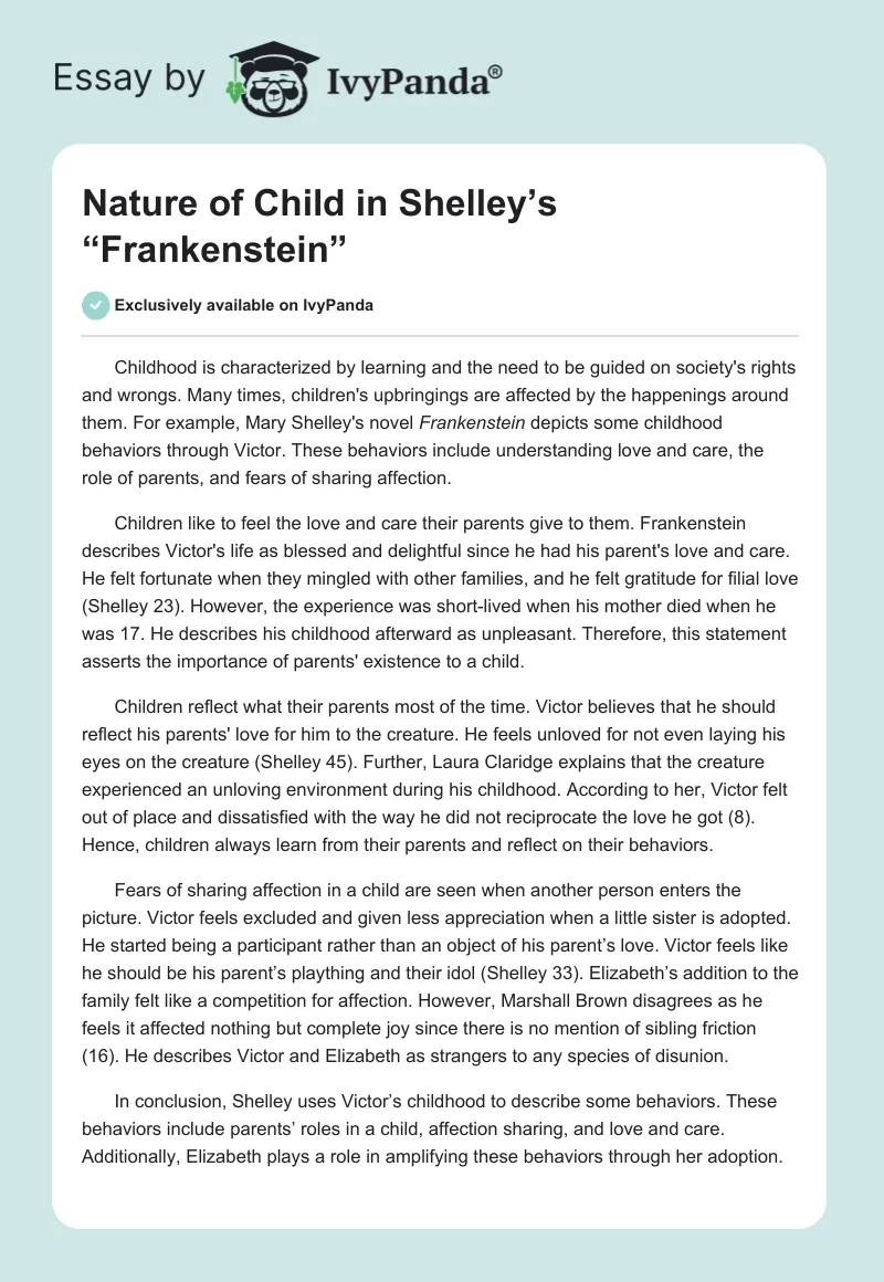 Nature of Child in Shelley’s “Frankenstein”. Page 1