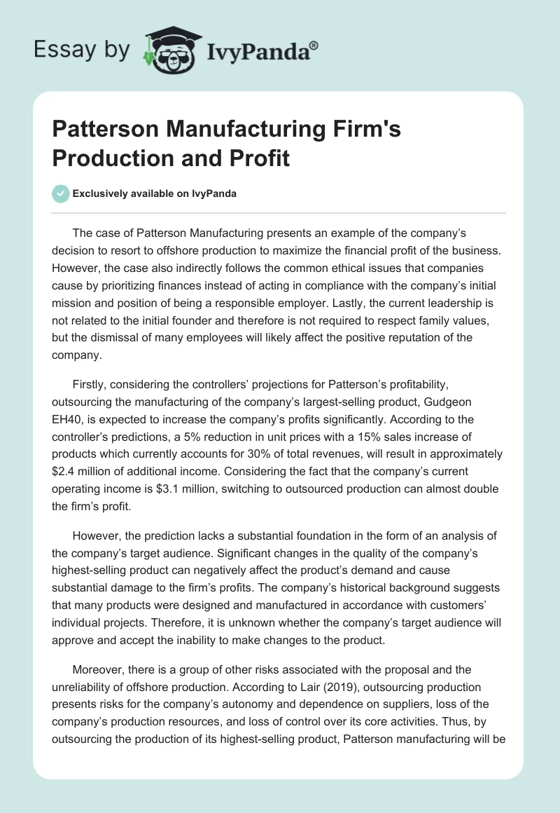 Patterson Manufacturing Firm's Production and Profit. Page 1