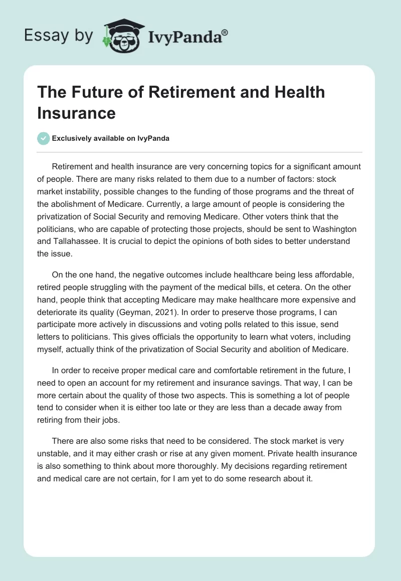 The Future of Retirement and Health Insurance. Page 1