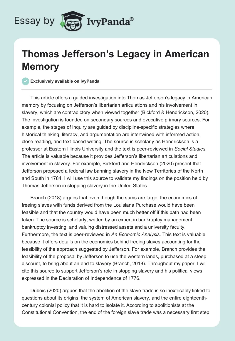 Thomas Jefferson’s Legacy in American Memory. Page 1
