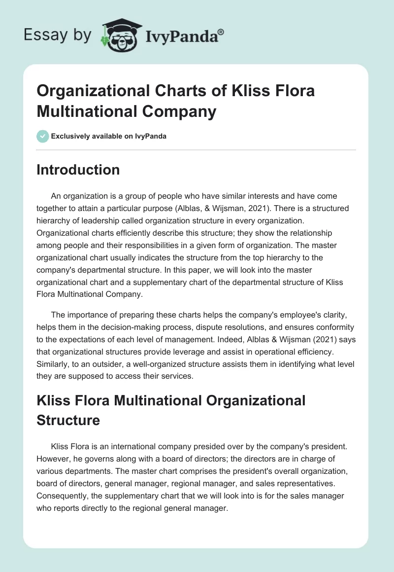 Organizational Charts of Kliss Flora Multinational Company. Page 1