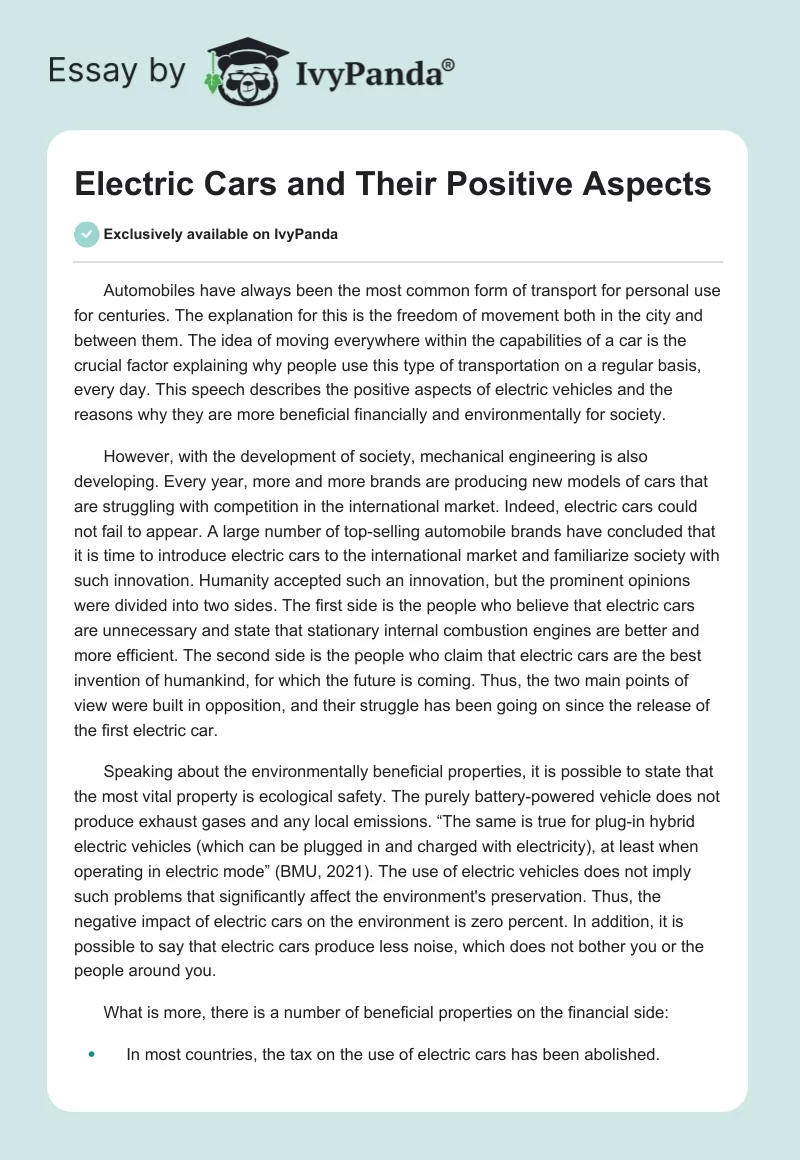Electric Cars and Their Positive Aspects. Page 1