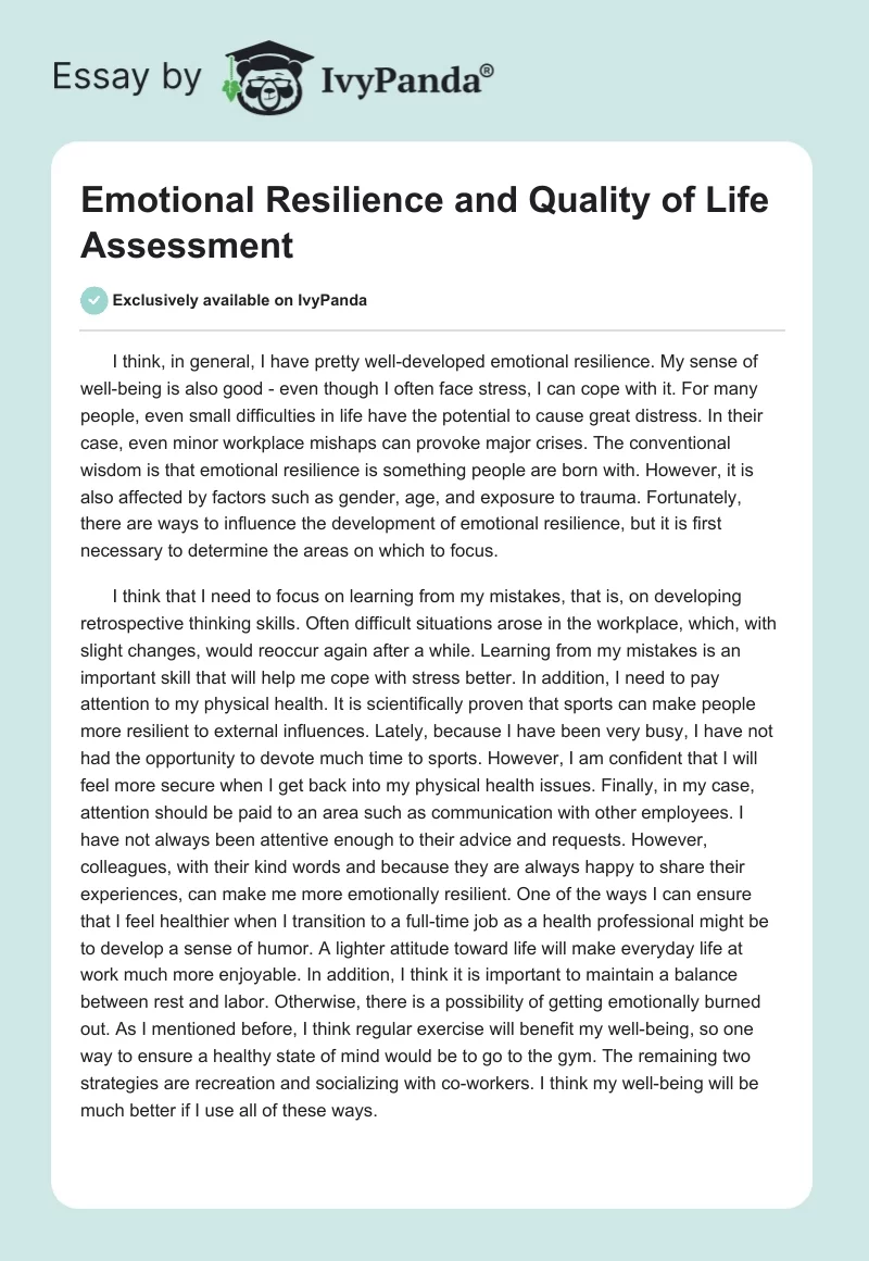 Emotional Resilience and Quality of Life Assessment. Page 1