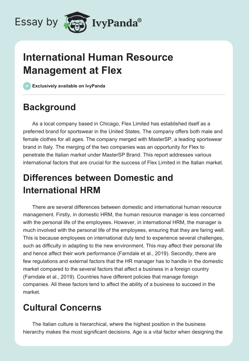 International Human Resource Management at Flex. Page 1