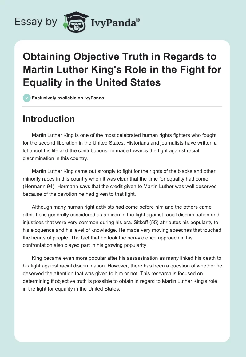 Obtaining Objective Truth in Regards to Martin Luther King's Role in the Fight for Equality in the United States. Page 1