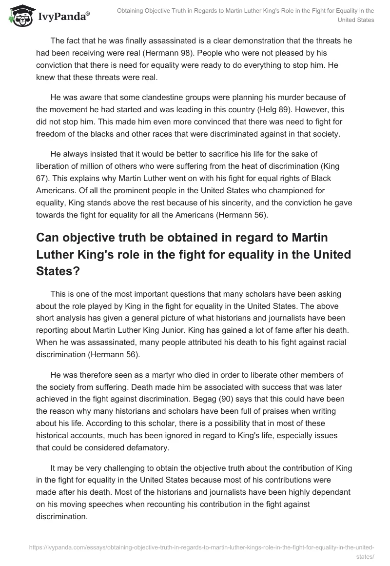 Obtaining Objective Truth in Regards to Martin Luther King's Role in the Fight for Equality in the United States. Page 3