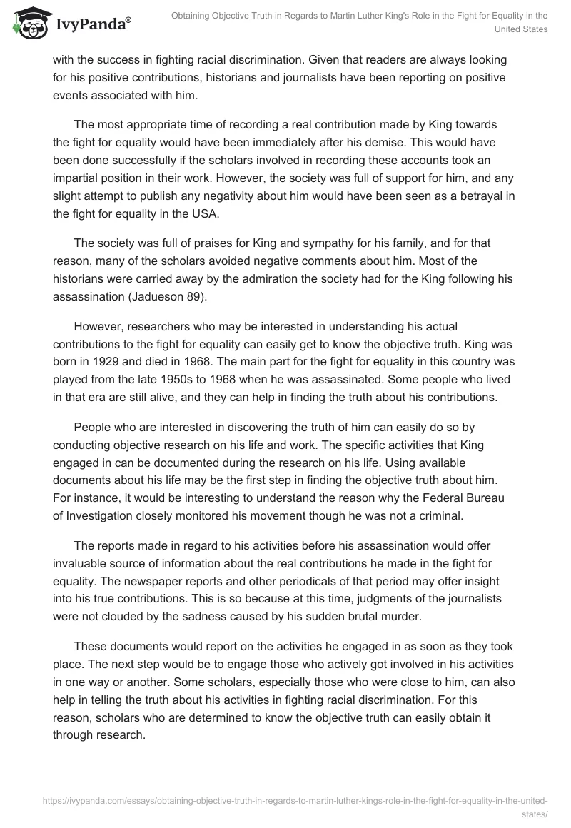Obtaining Objective Truth in Regards to Martin Luther King's Role in the Fight for Equality in the United States. Page 5