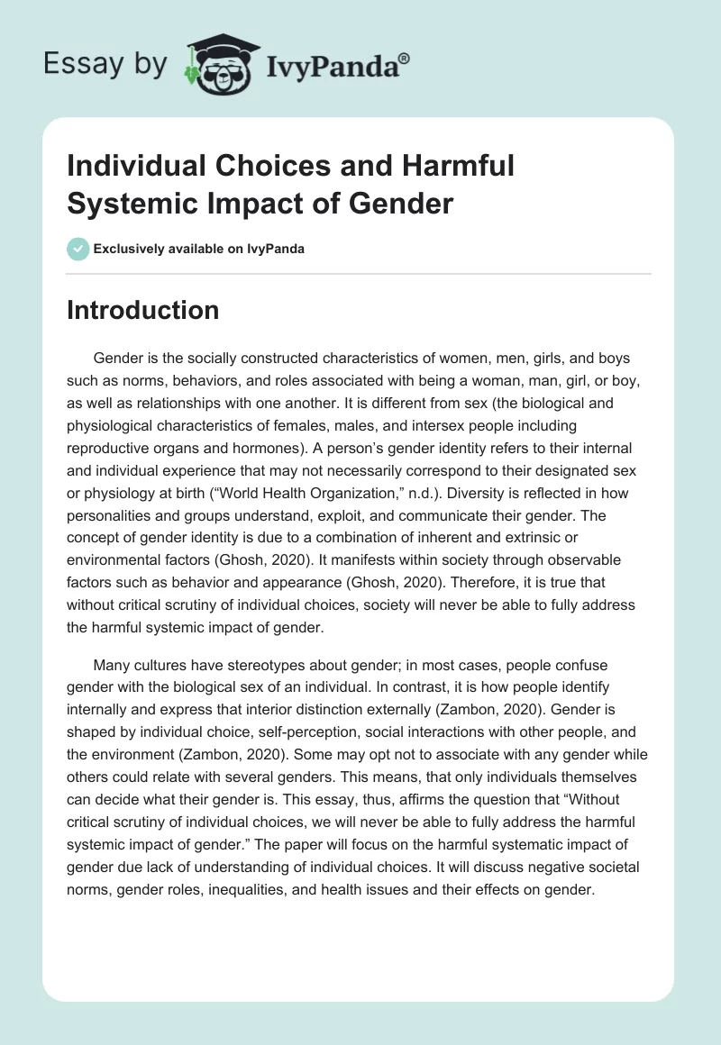 Individual Choices and Harmful Systemic Impact of Gender. Page 1