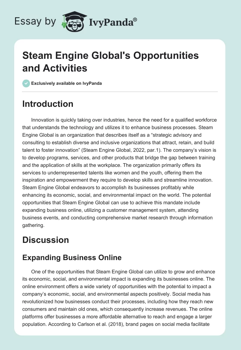 Steam Engine Global's Opportunities and Activities. Page 1