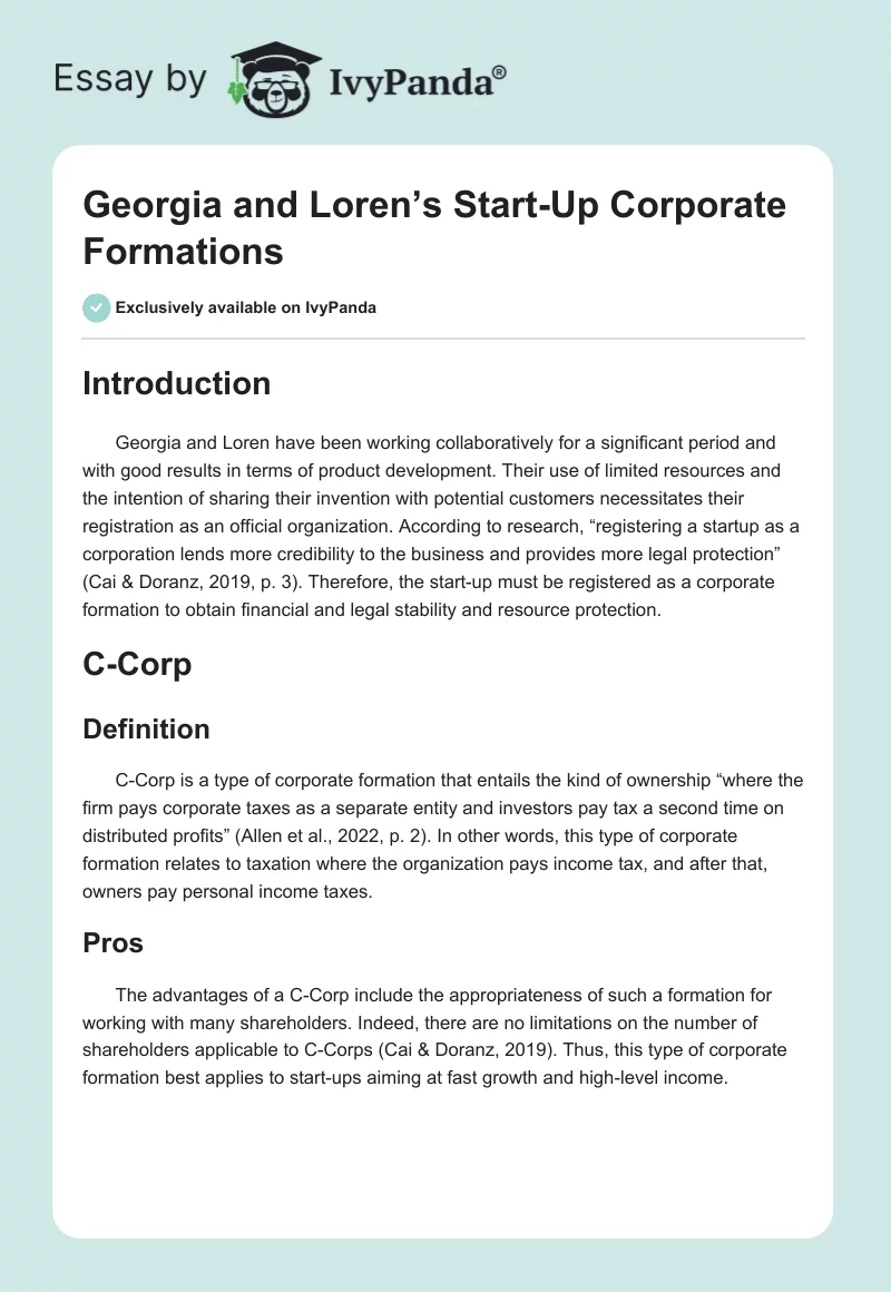 Georgia and Loren’s Start-Up Corporate Formations. Page 1