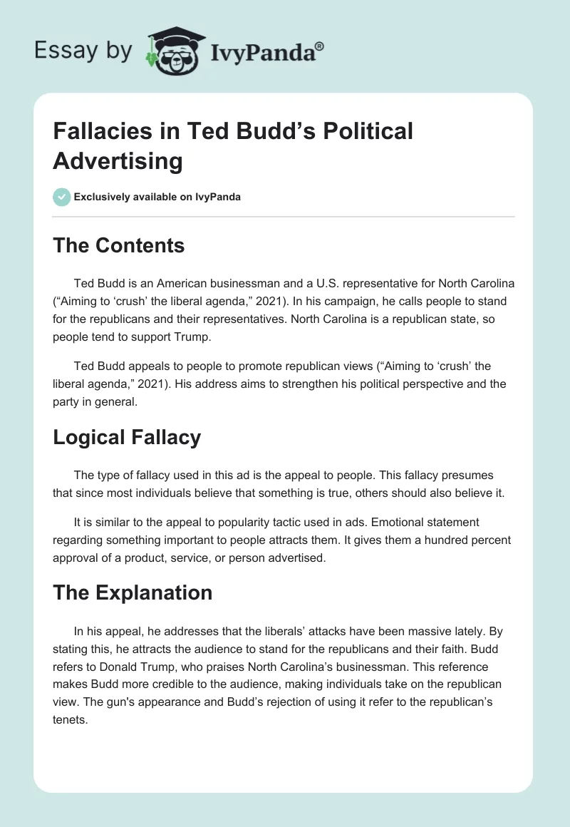 Fallacies in Ted Budd’s Political Advertising. Page 1