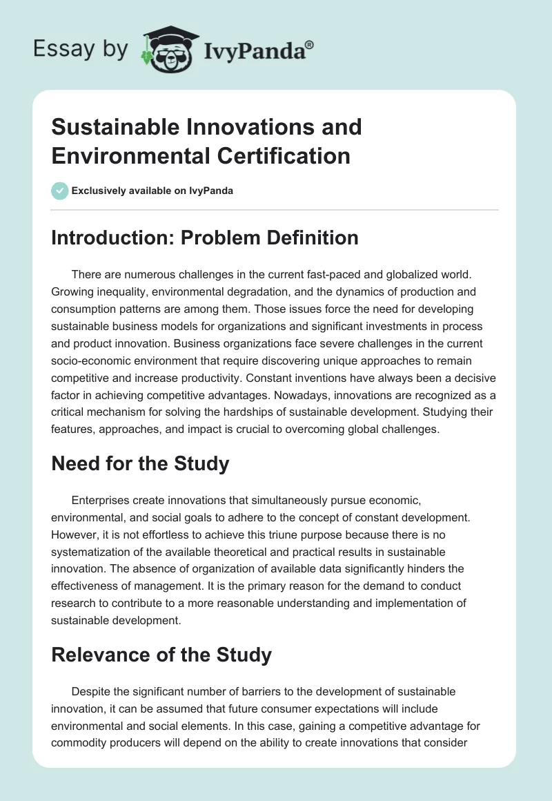 Sustainable Innovations and Environmental Certification. Page 1