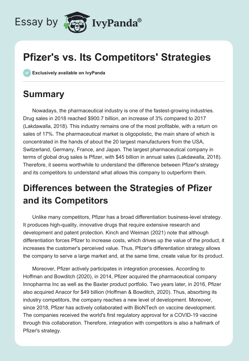 Pfizer's vs. Its Competitors' Strategies. Page 1