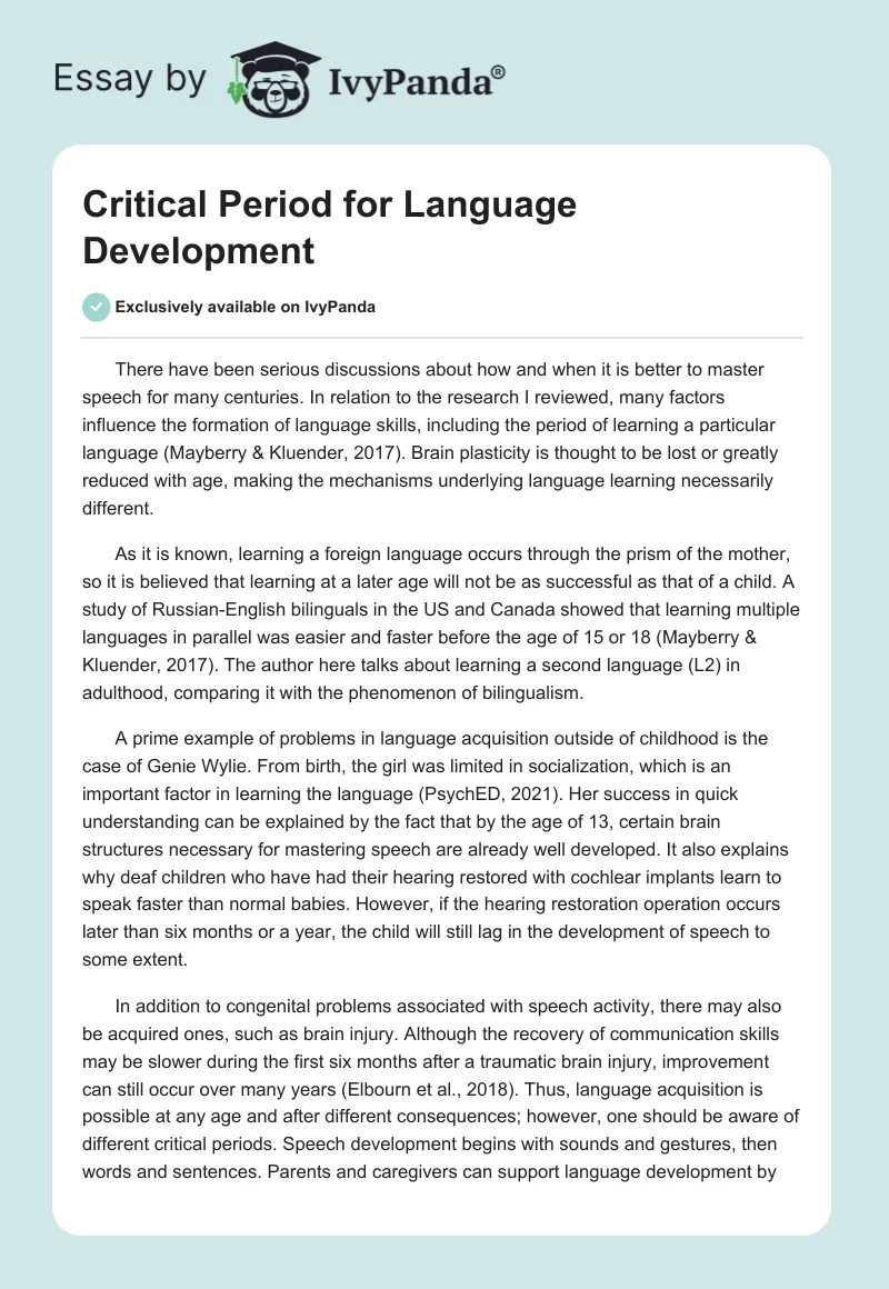 Critical Period for Language Development. Page 1
