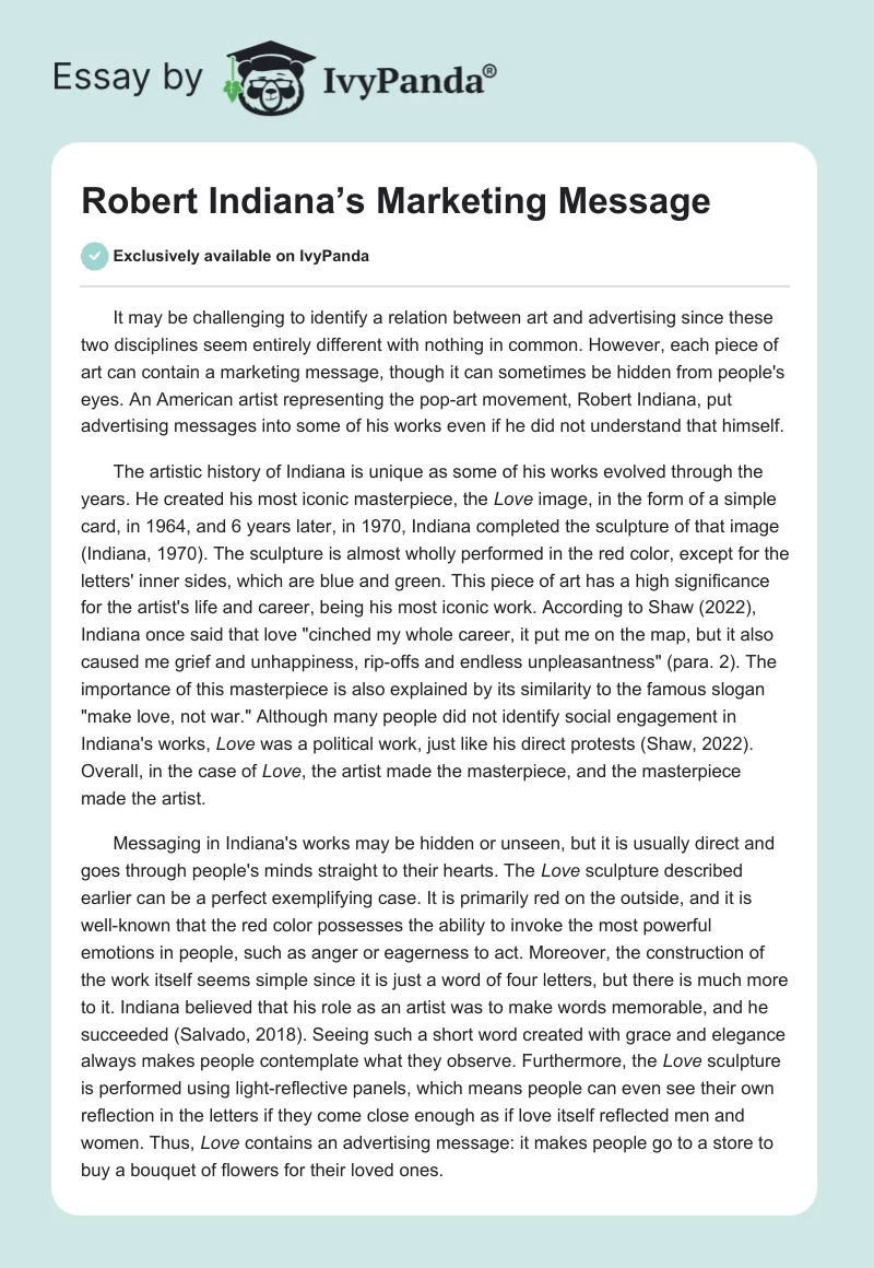 Robert Indiana’s Marketing Message. Page 1
