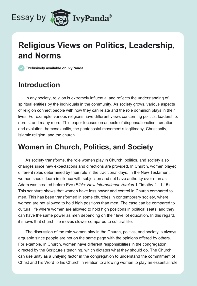 Religious Views on Politics, Leadership, and Norms. Page 1