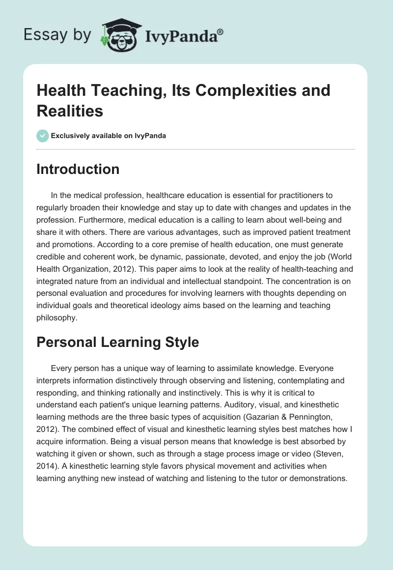 Health Teaching, Its Complexities, and Realities. Page 1
