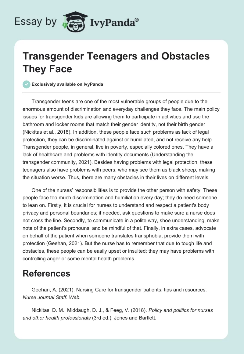 Transgender Teenagers and Obstacles They Face. Page 1
