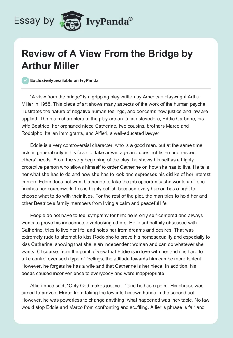 Review of "A View From the Bridge" by Arthur Miller. Page 1