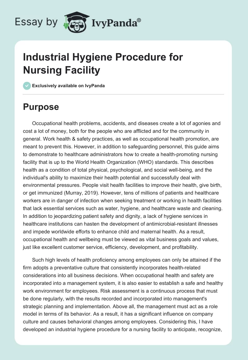 Industrial Hygiene Procedure for Nursing Facility. Page 1