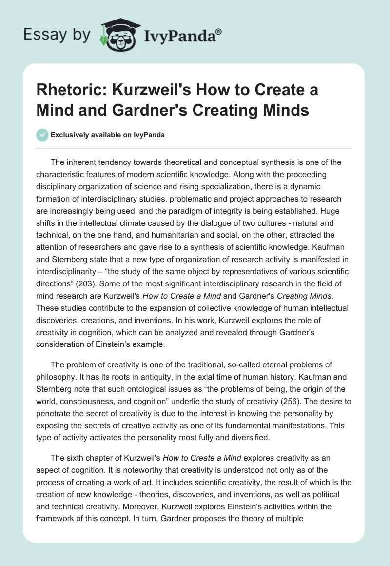 Rhetoric: Kurzweil's "How to Create a Mind" and Gardner's "Creating Minds". Page 1