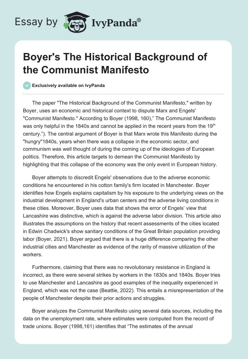 Boyer's The Historical Background of the Communist Manifesto. Page 1