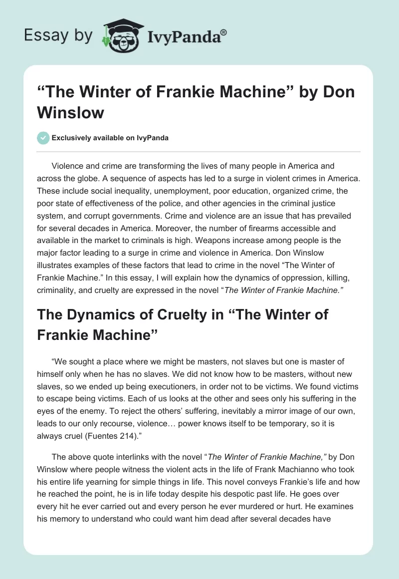 “The Winter of Frankie Machine” by Don Winslow. Page 1
