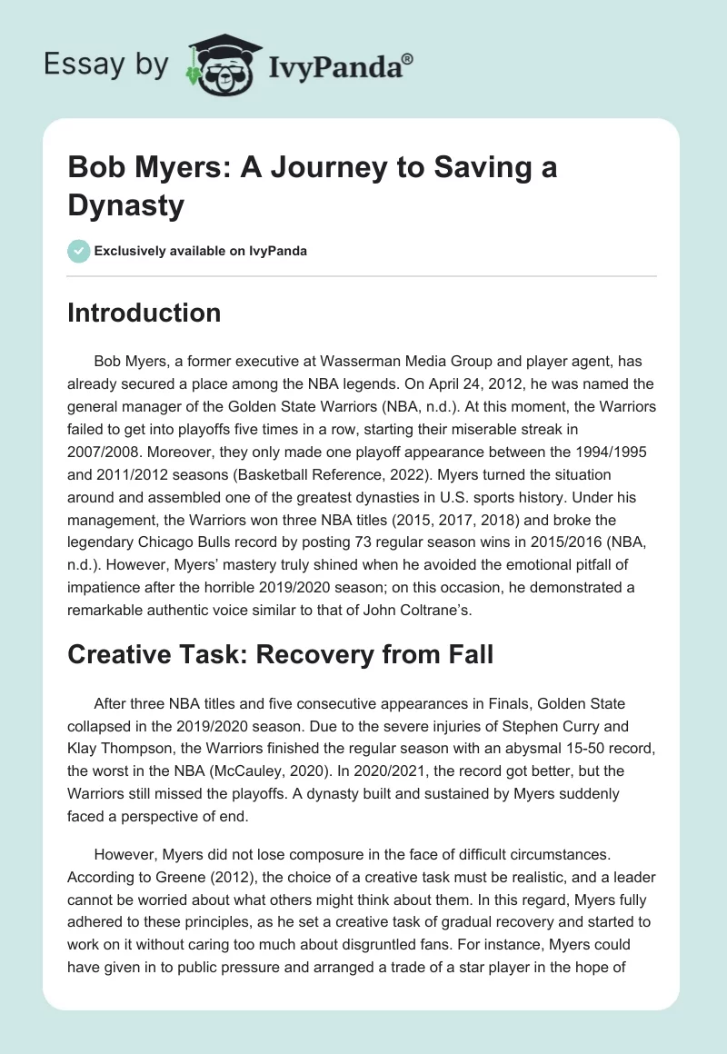 Bob Myers: A Journey to Saving a Dynasty. Page 1
