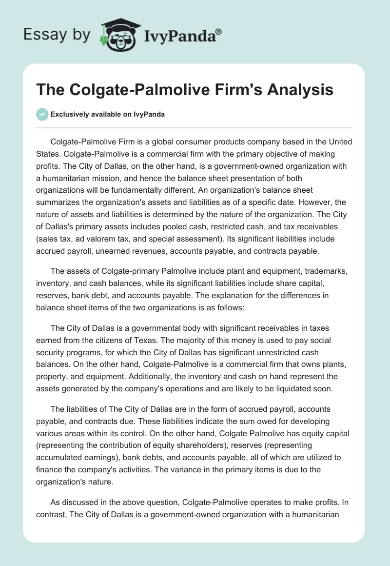 The Colgate-Palmolive Firm's Analysis. Page 1