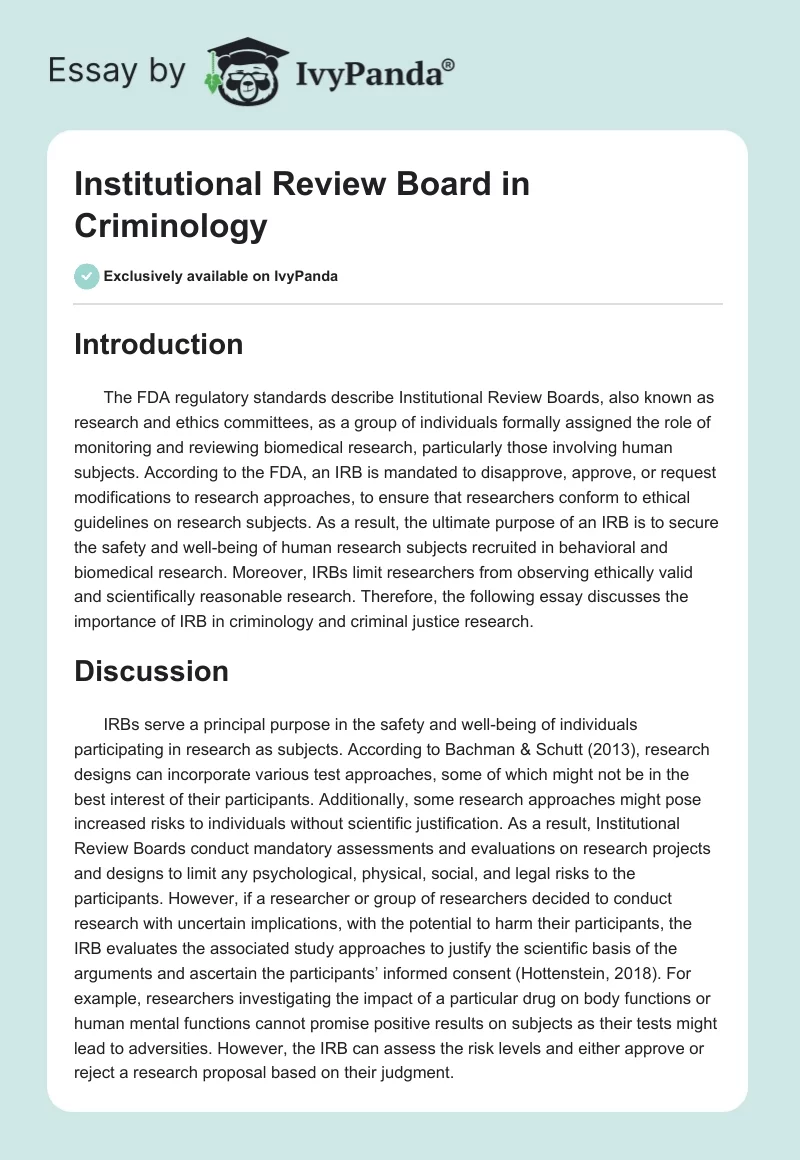 Institutional Review Board in Criminology. Page 1