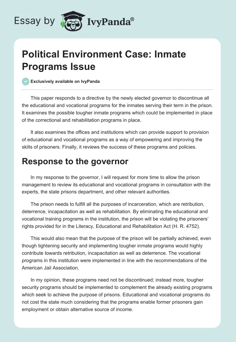 Political Environment Case: Inmate Programs Issue. Page 1