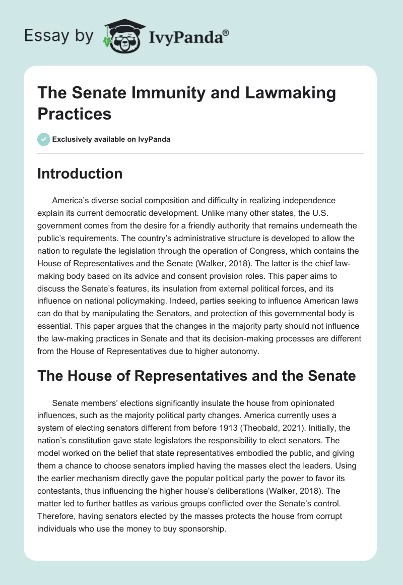 The Senate Immunity and Lawmaking Practices. Page 1