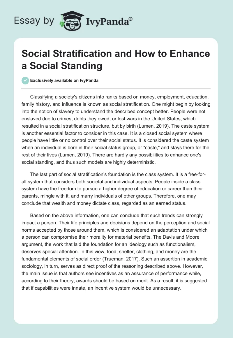 Social Stratification and How to Enhance a Social Standing. Page 1