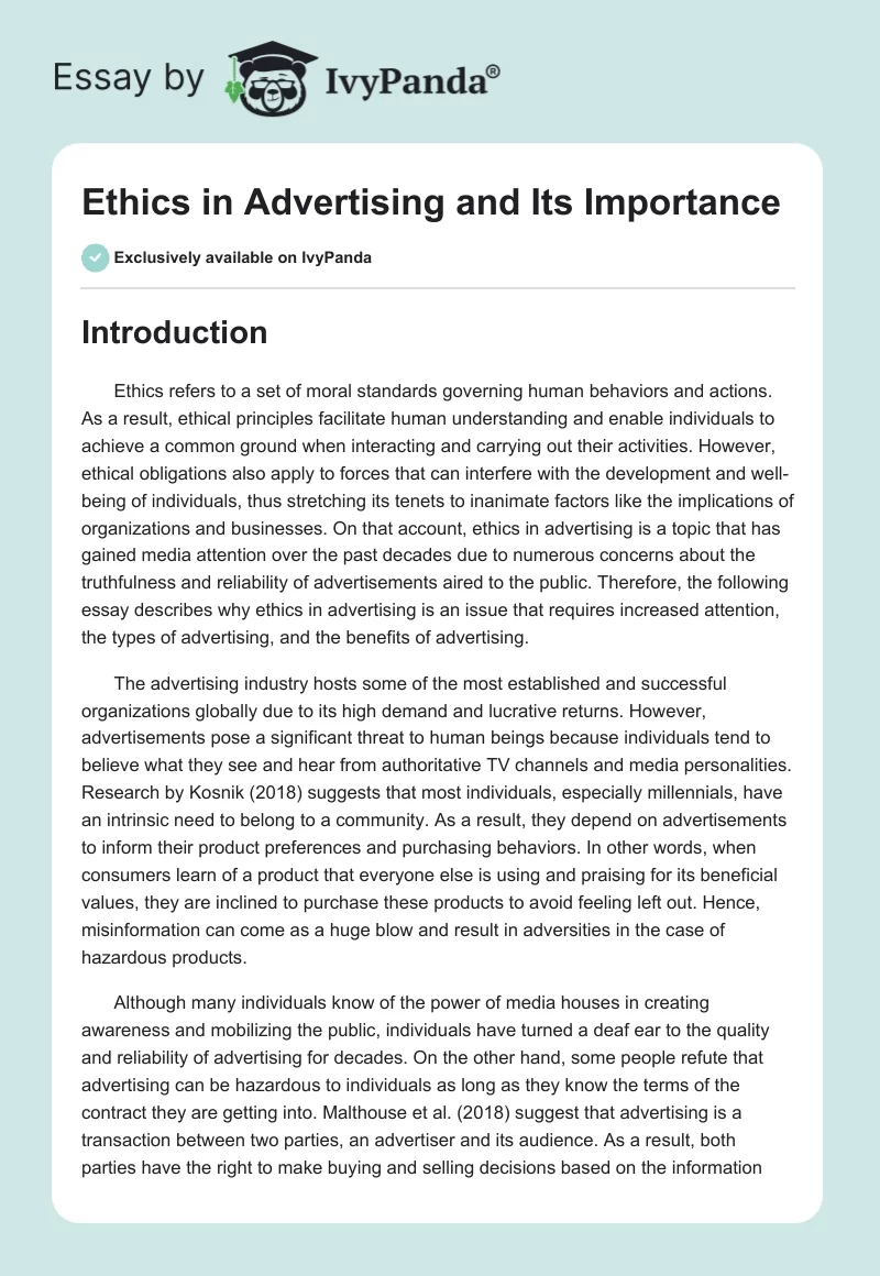 Ethics in Advertising and Its Importance. Page 1