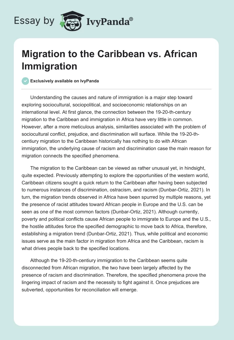 Migration to the Caribbean vs. African Immigration. Page 1