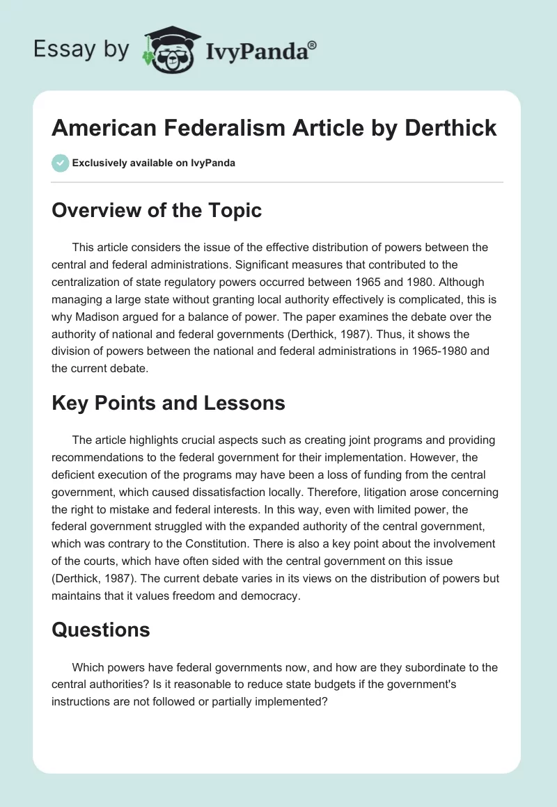 "American Federalism" Article by Derthick. Page 1