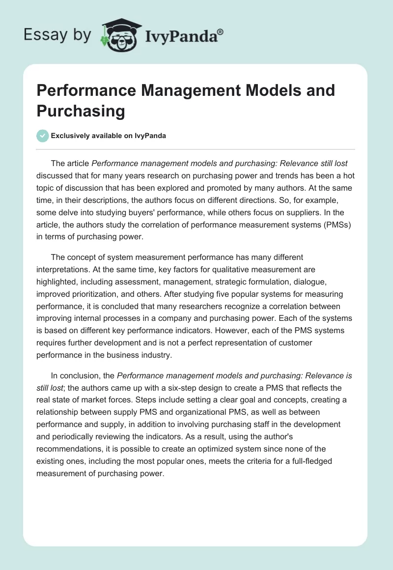 Performance Management Models and Purchasing. Page 1