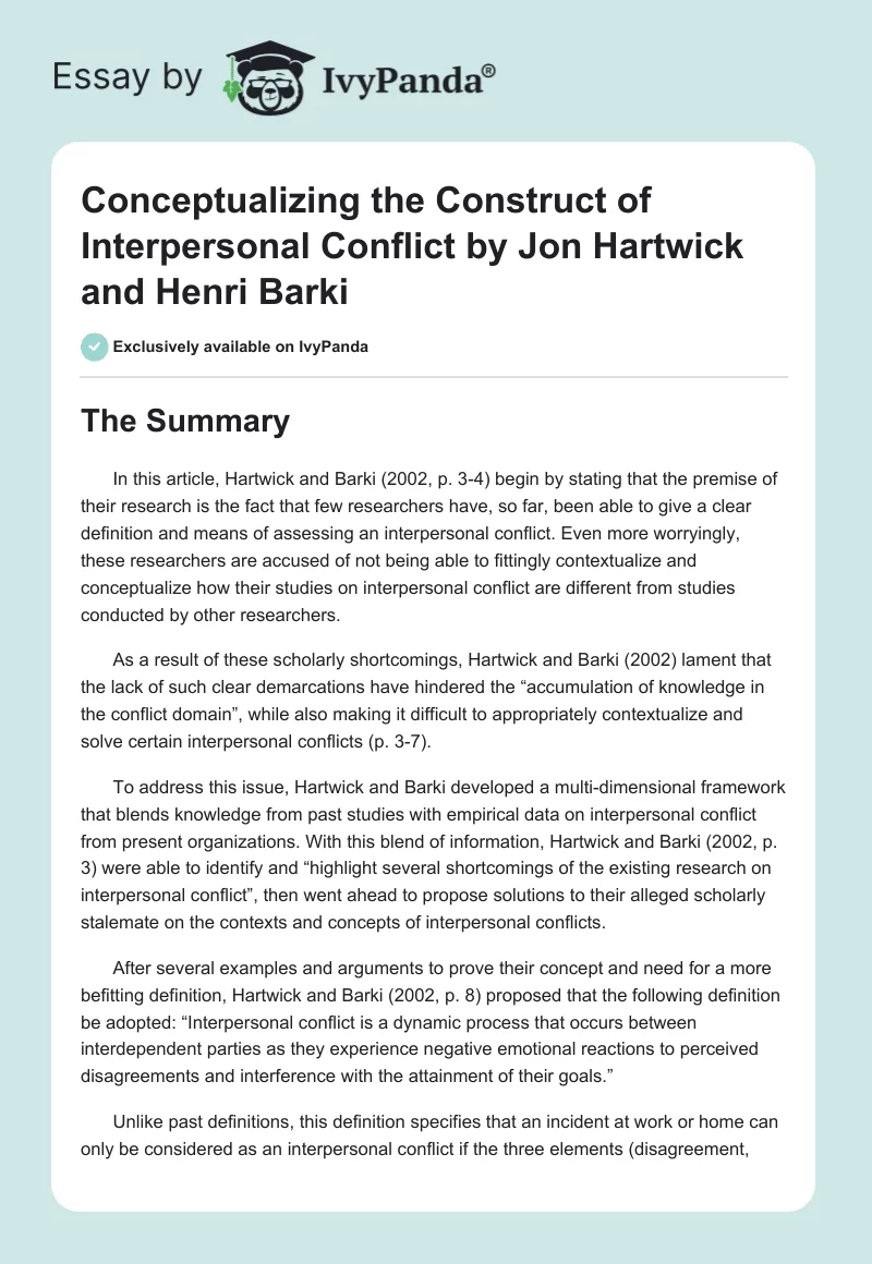 Conceptualizing the Construct of Interpersonal Conflict by Jon Hartwick and Henri Barki. Page 1