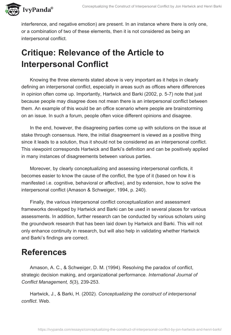 Conceptualizing the Construct of Interpersonal Conflict by Jon Hartwick and Henri Barki. Page 2