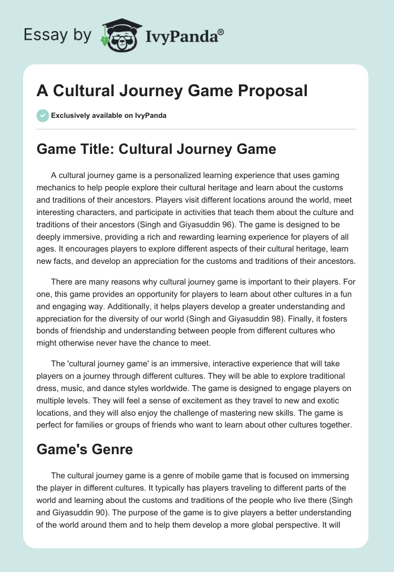 A Cultural Journey Game Proposal. Page 1