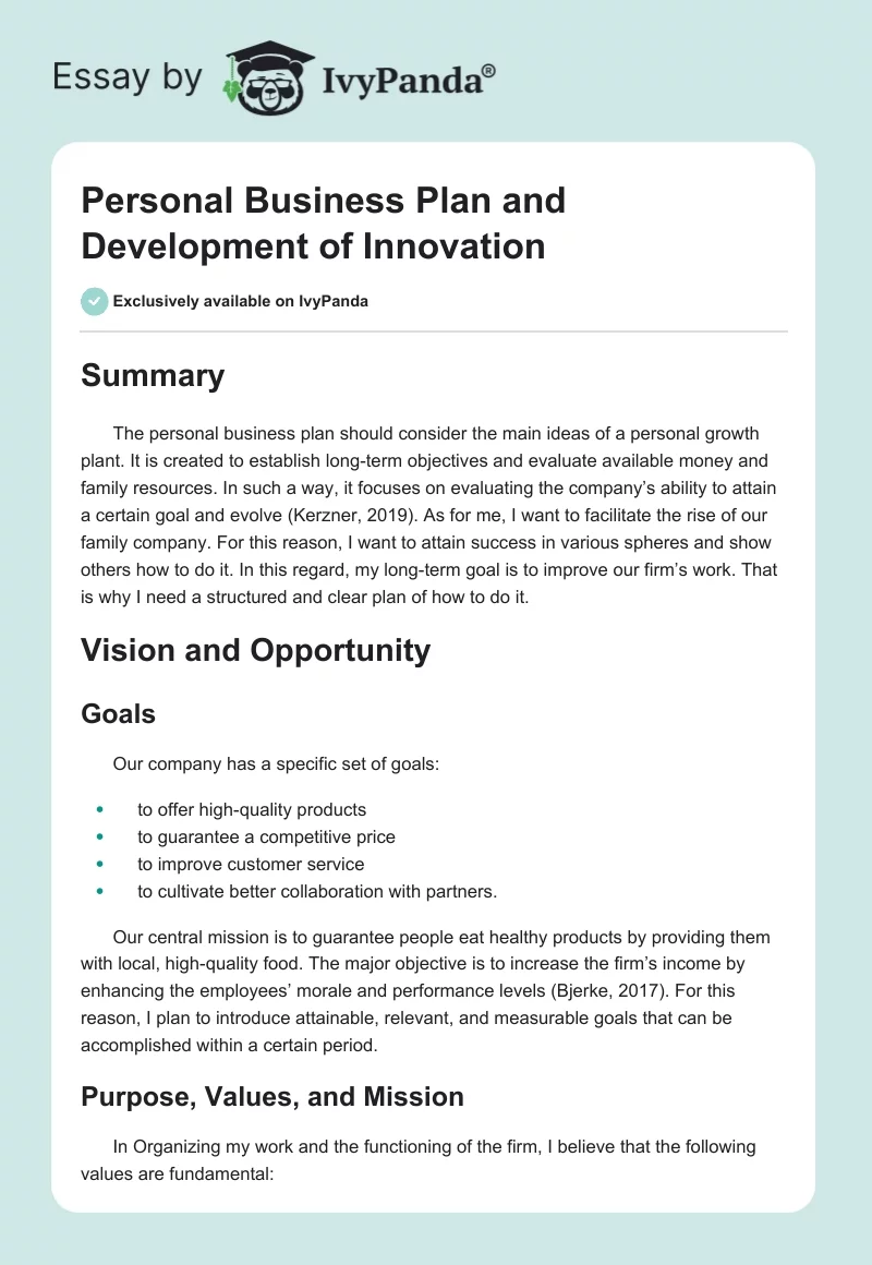 Personal Business Plan and Development of Innovation. Page 1