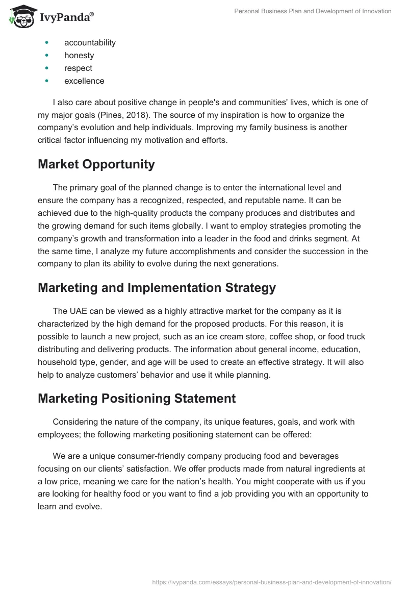Personal Business Plan and Development of Innovation. Page 2